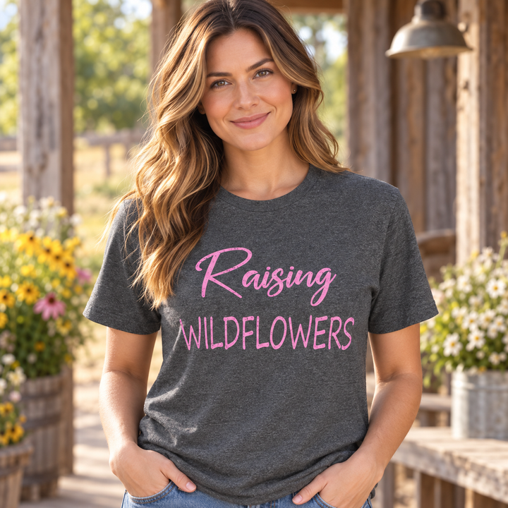 Raising Wildflowers charcoal tee close-up model