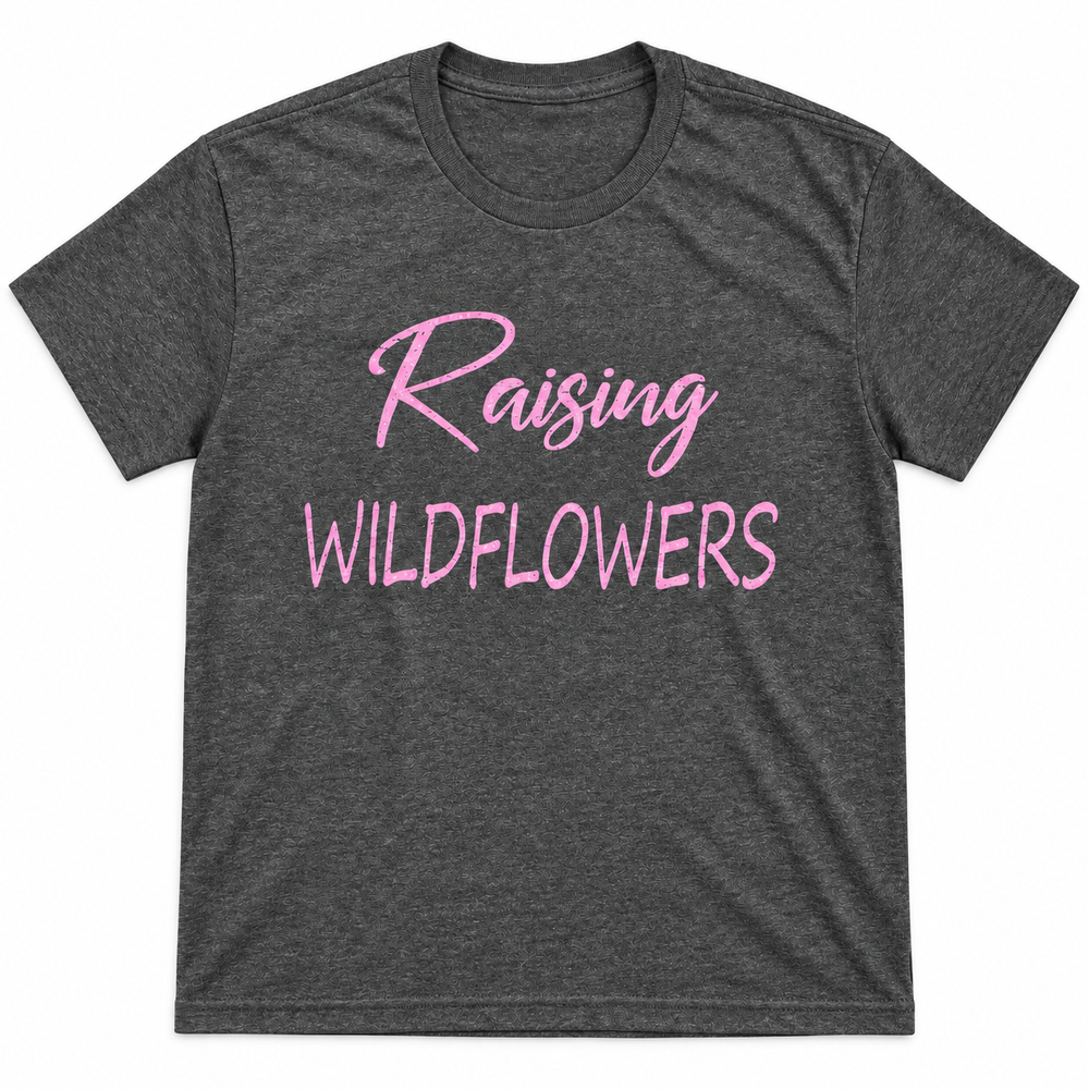 Raising Wildflowers charcoal tee lay-flat on white