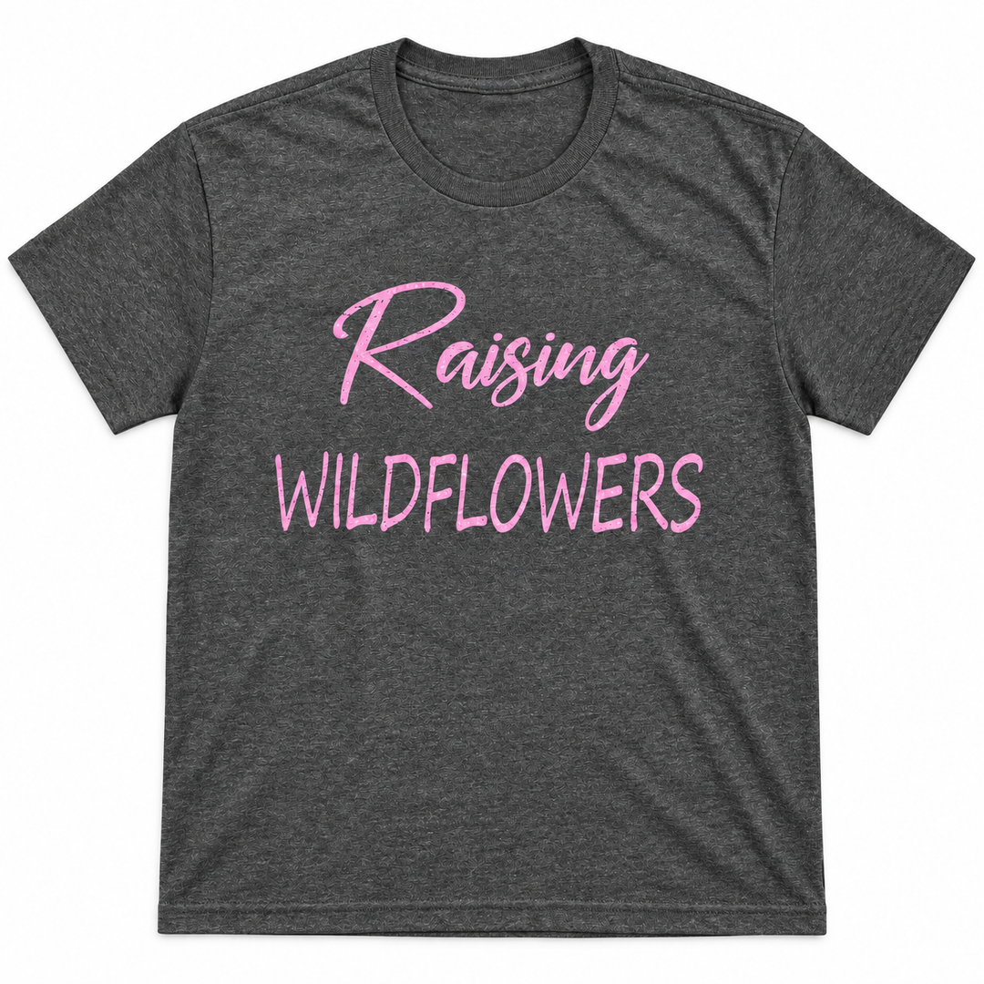 Raising Wildflowers charcoal tee lay-flat on white