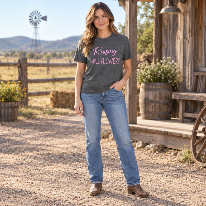 Woman wearing charcoal Raising Wildflowers graphic tee at a Western ranch