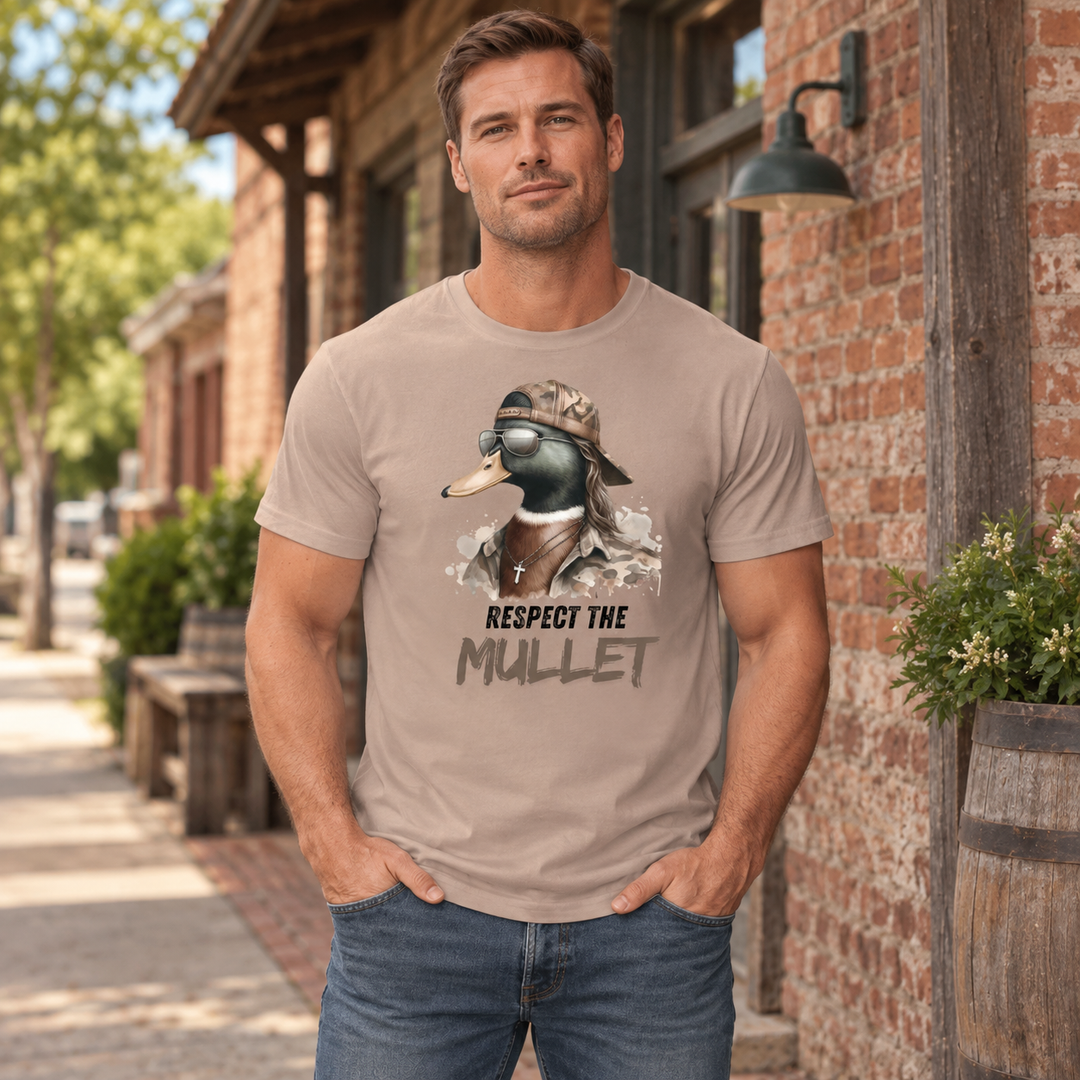 Man wearing Respect the Mullet Sand country graphic T-shirt