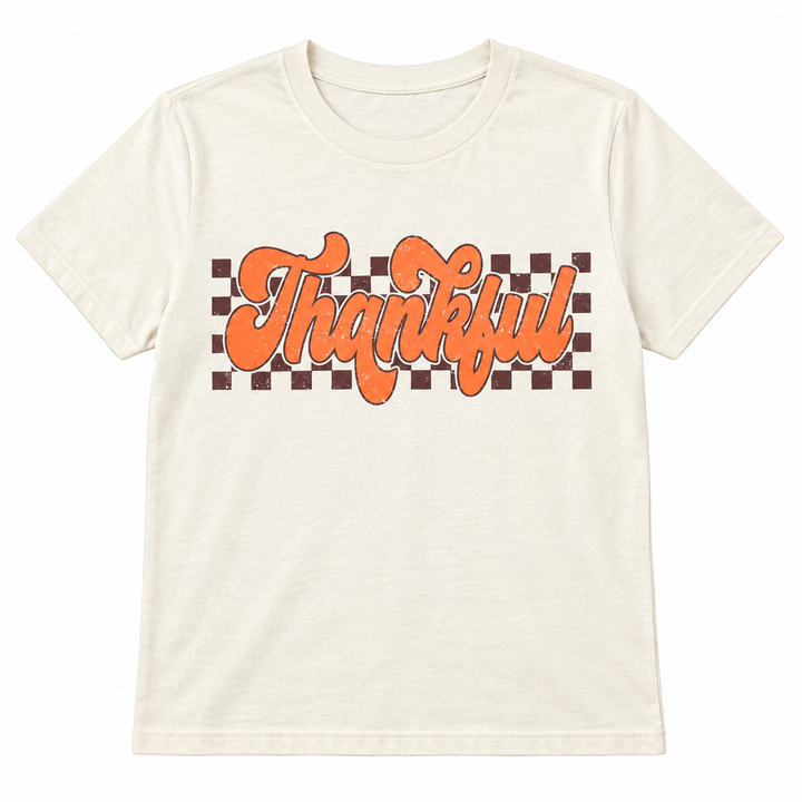 Retro Thankful natural Thanksgiving graphic tee flat lay on white