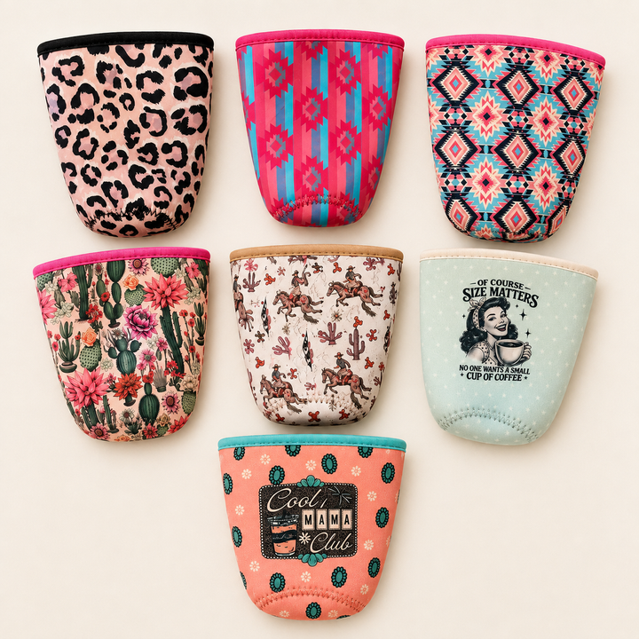 Seven reusable cup sleeve designs including leopard, Aztec, cactus, horses, Size Matters, and Cool Mama Club