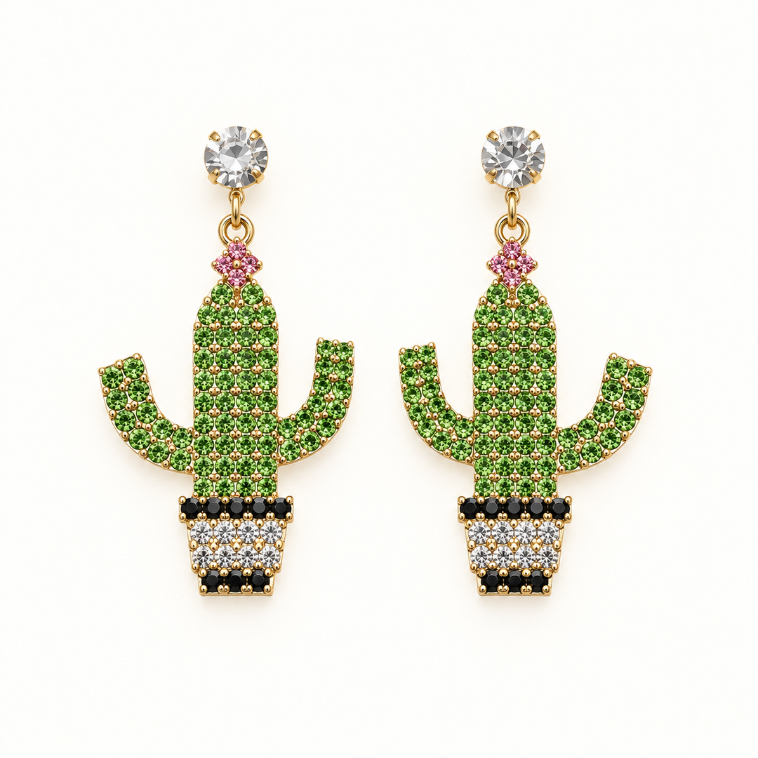 Sparkly rhinestone cactus Western earrings flat product view