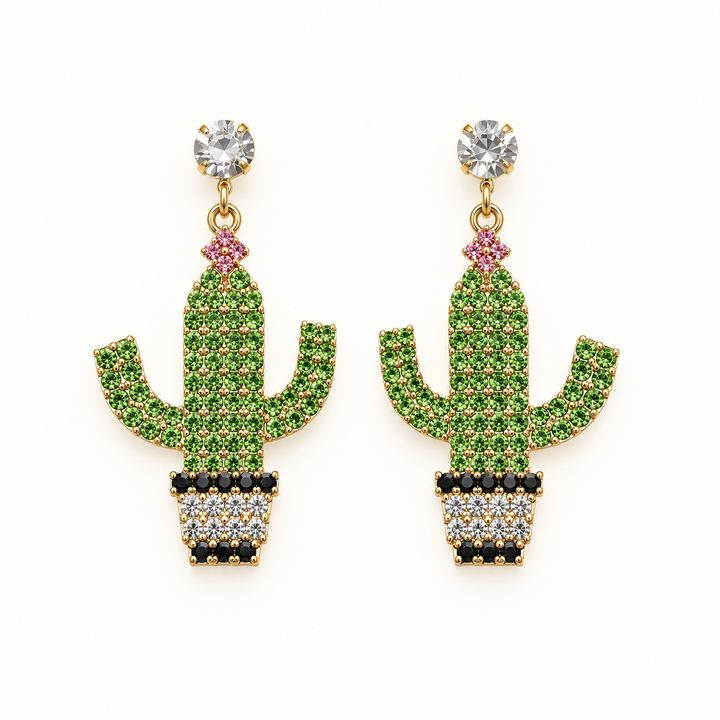 Sparkly rhinestone cactus Western earrings flat product view