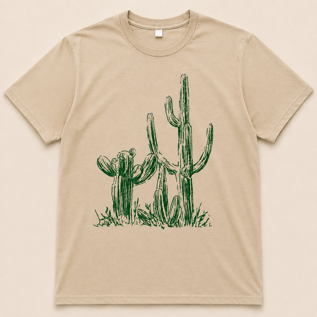 Sand rhinestone cactus Western graphic tee with green line art, flat product view