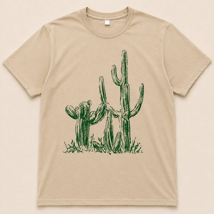 Sand rhinestone cactus Western graphic tee with green line art, flat product view