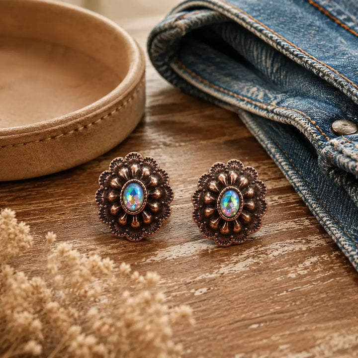 Copper-tone rhinestone concho stud earrings styled with denim on a rustic vanity