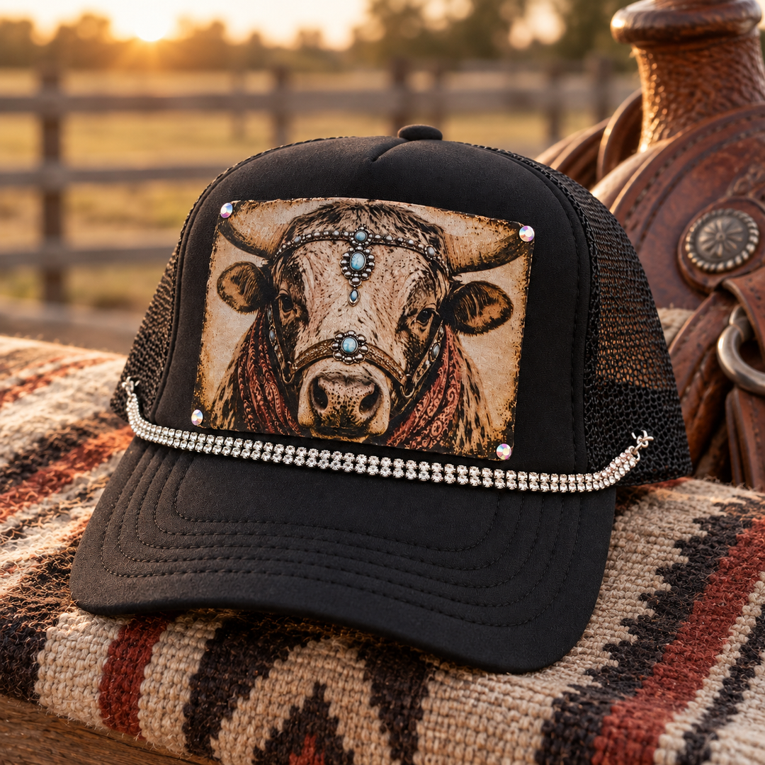 Rhinestone Ranch Cow Trucker Hat styled with weathered Western leather in a rustic ranch setting