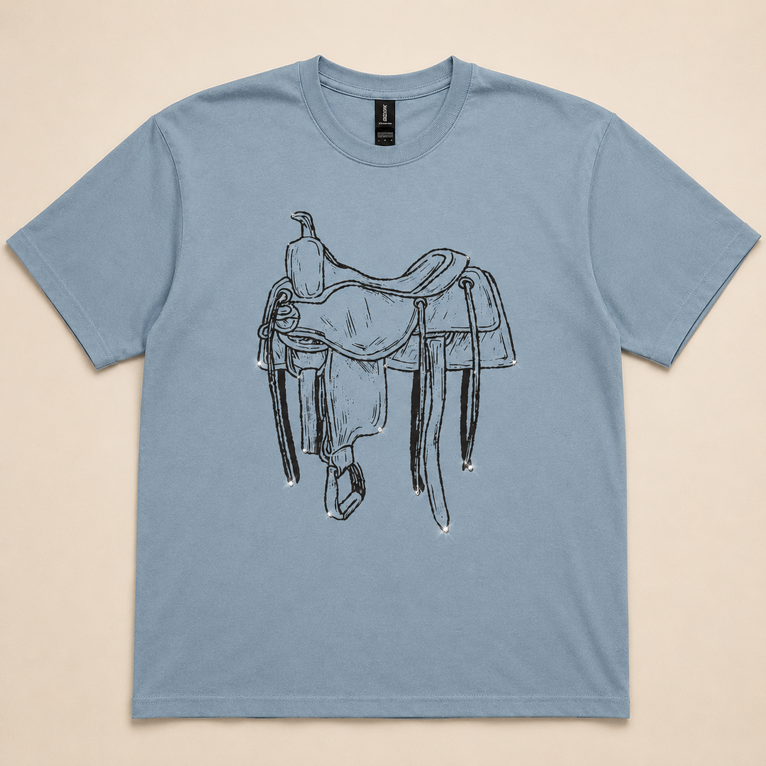 Dusty blue rhinestone saddle Western graphic tee, flat product view