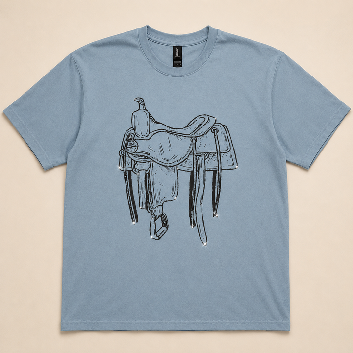 Dusty blue rhinestone saddle Western graphic tee, flat product view