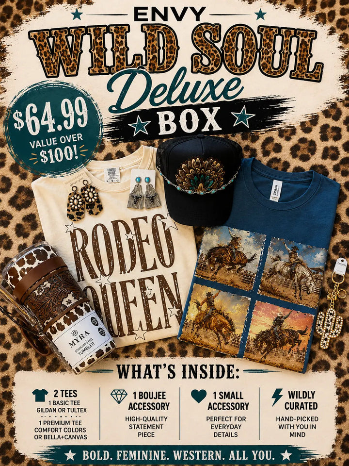 August Wild Soul Deluxe Box promotional image showing representative Western graphic tees, hat, tumbler, and accessories