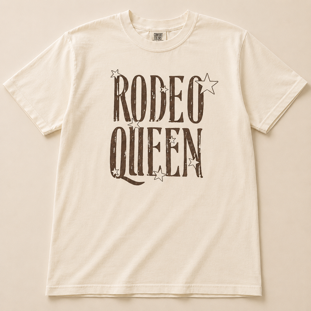 Ivory Rodeo Queen Western graphic tee with brown lettering and stars, flat product view