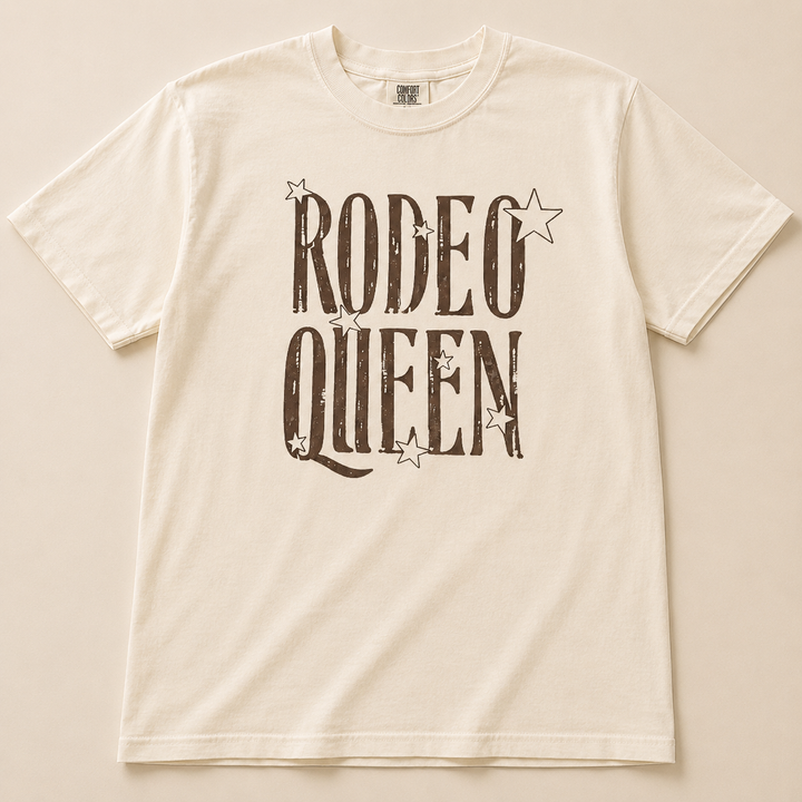 Ivory Rodeo Queen Western graphic tee with brown lettering and stars, flat product view