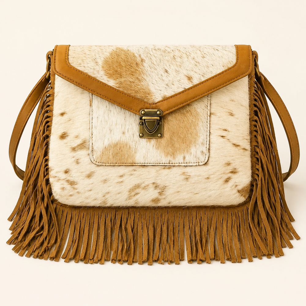 Rodeo Runway cream-and-tan cowhide fringe crossbody bag with turn-lock, product view