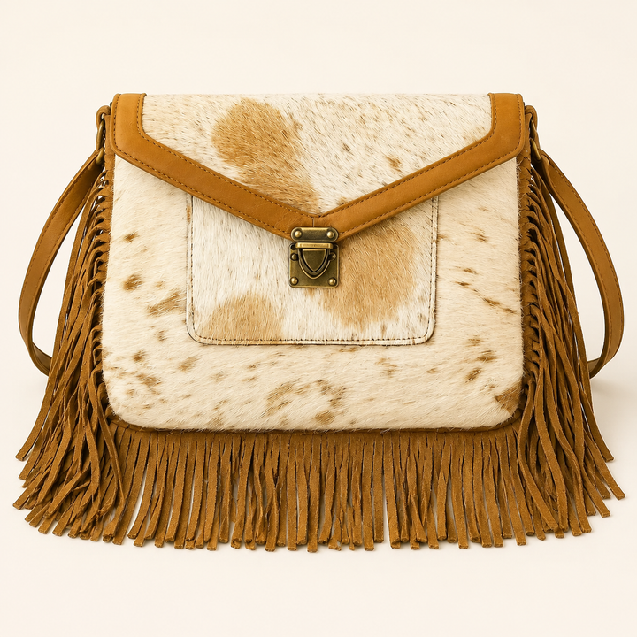 Rodeo Runway cream-and-tan cowhide fringe crossbody bag with turn-lock, product view