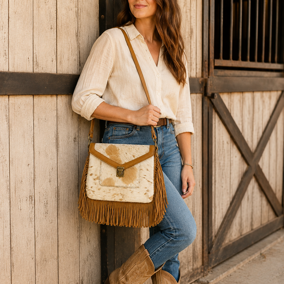 Woman wearing the Rodeo Runway neutral cowhide fringe crossbody bag beside a rustic stable