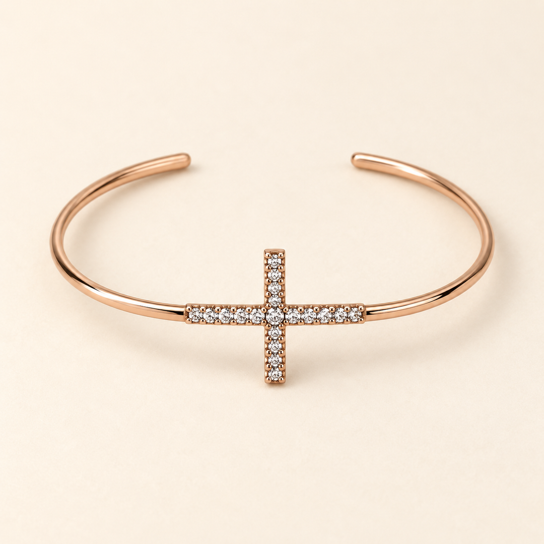 Rose gold rhinestone cross faith bracelet flat product view