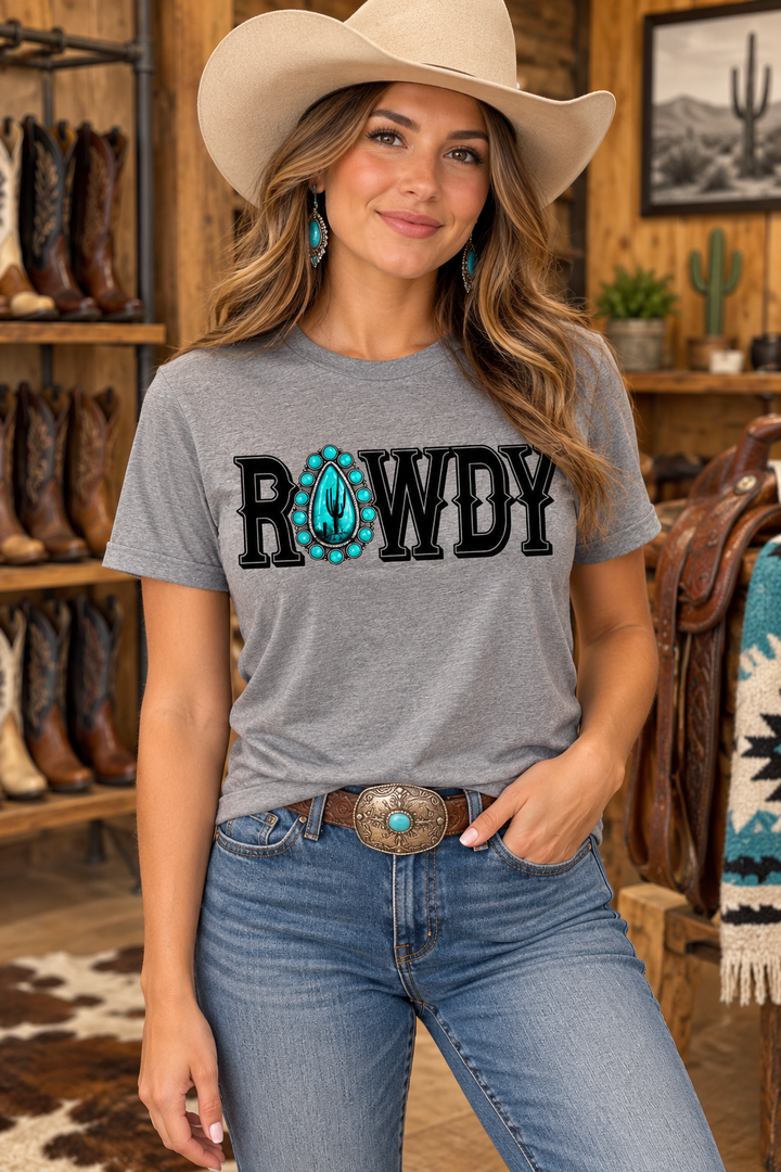 Woman wearing Rowdy Concho storm grey Western graphic tee