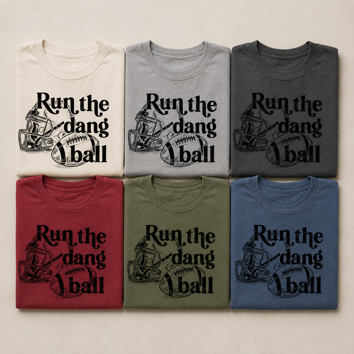 Run the Dang Ball graphic tees in ivory, gray, pepper, crimson, moss, and denim