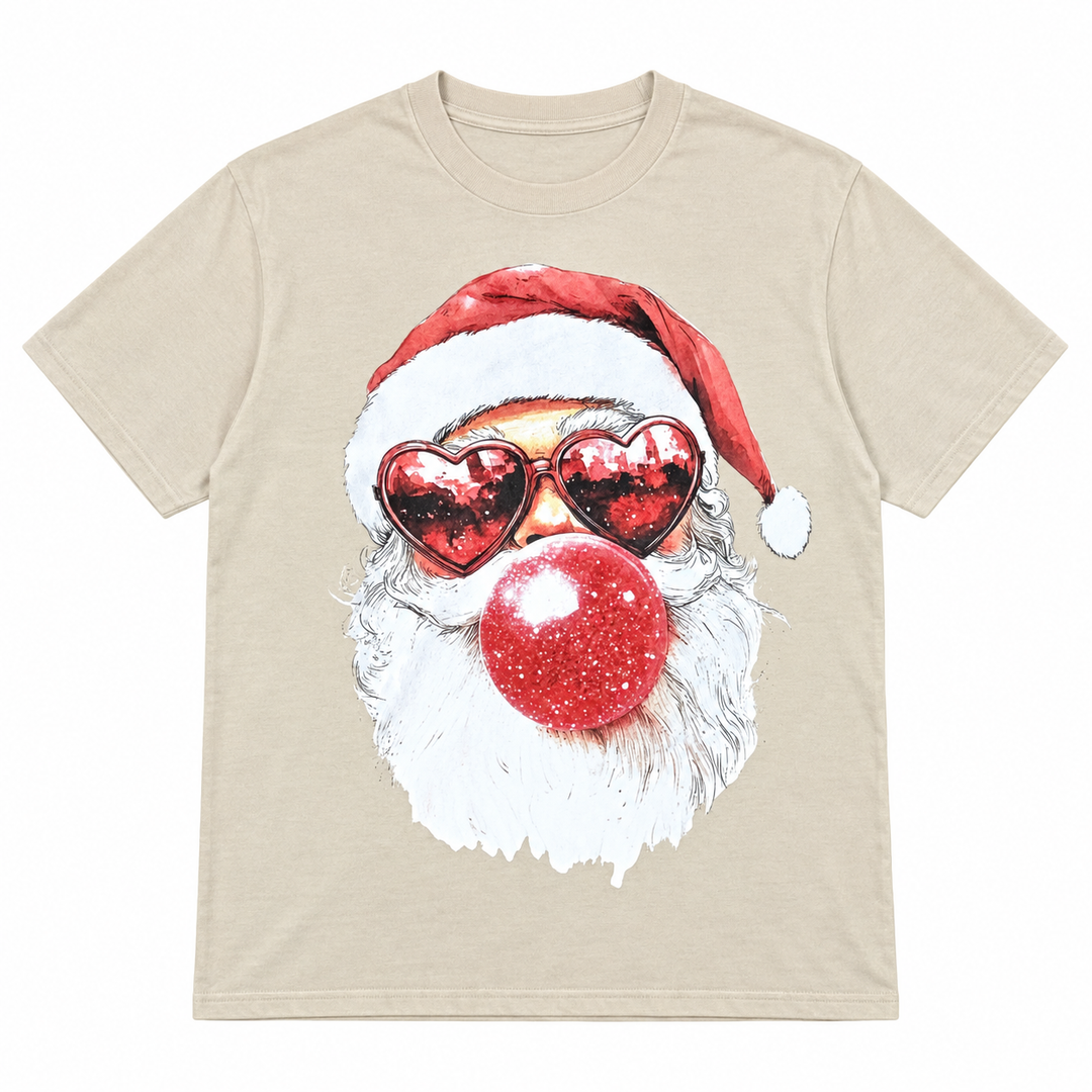 Beige Santa heart glasses and bubblegum Christmas graphic tee laid flat on pure white