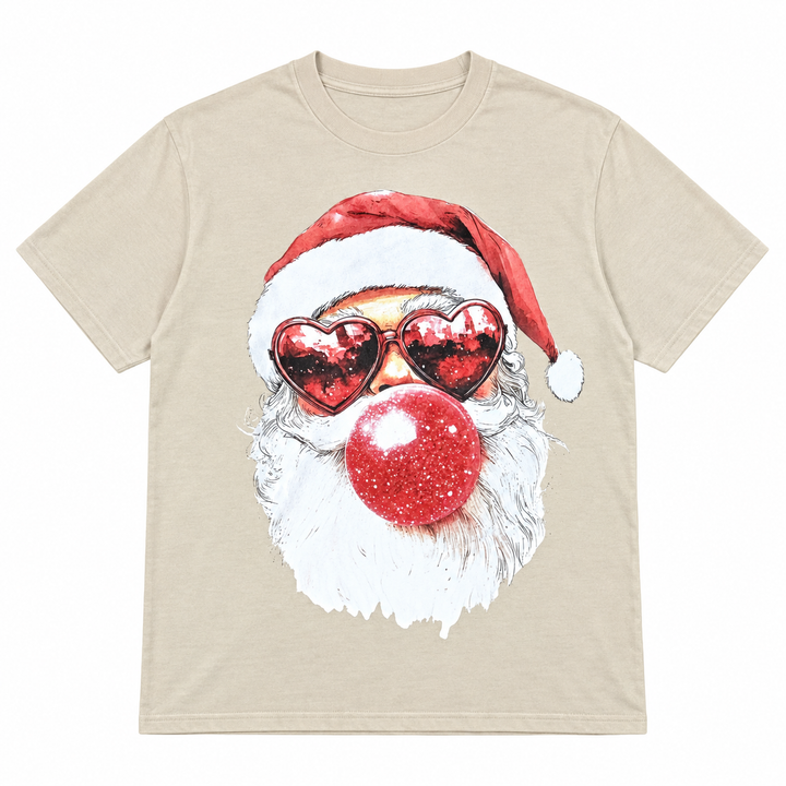 Beige Santa heart glasses and bubblegum Christmas graphic tee laid flat on pure white
