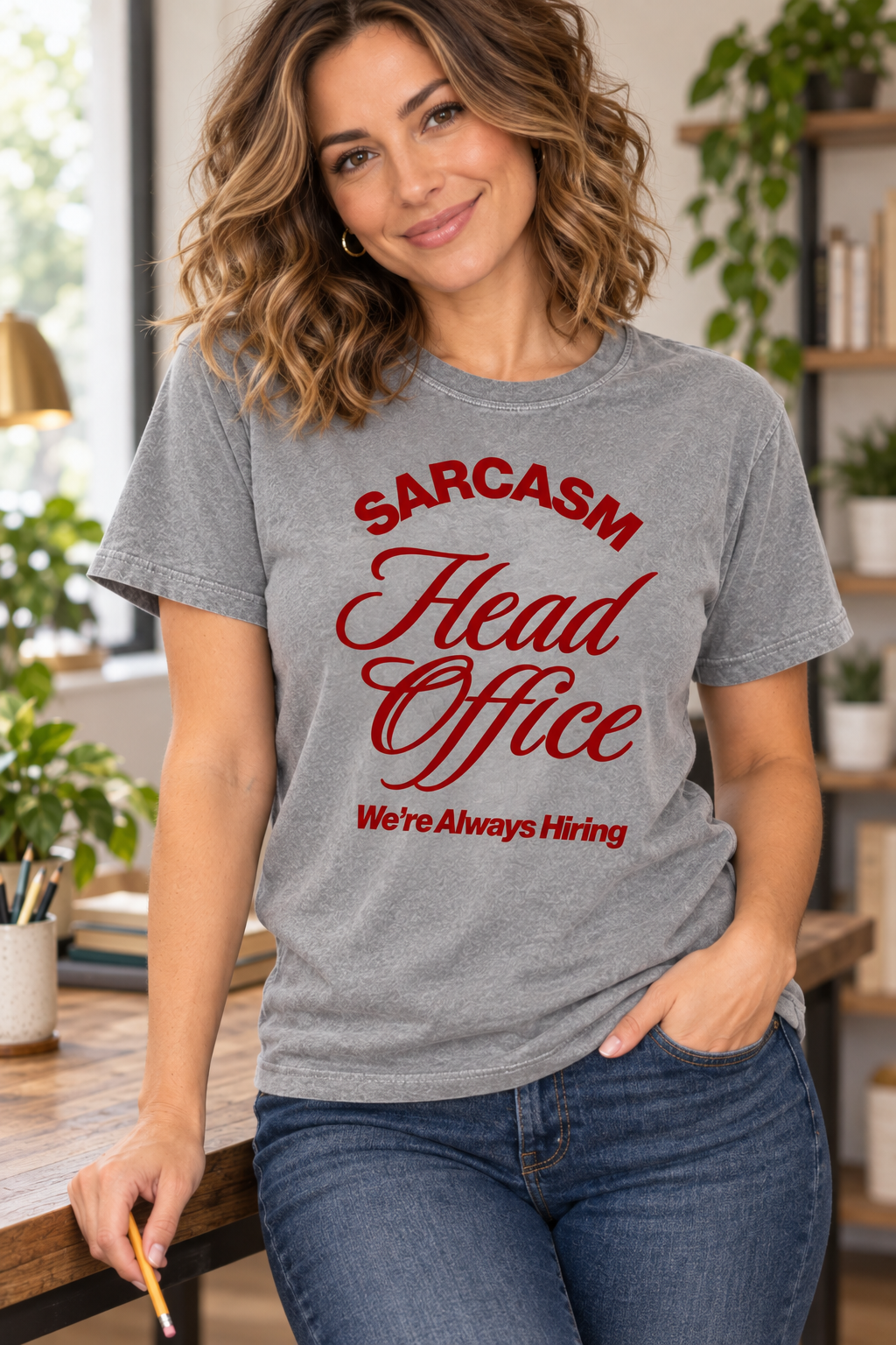 Sarcasm Head Office Grey tee close-up model