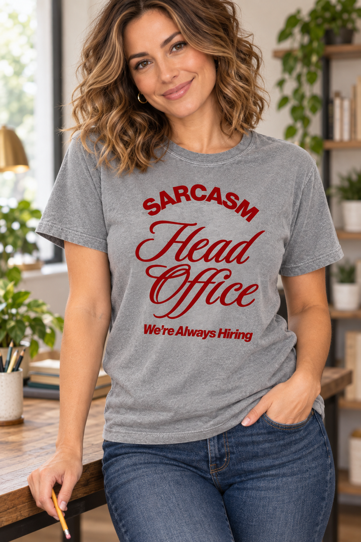 Sarcasm Head Office Grey tee close-up model
