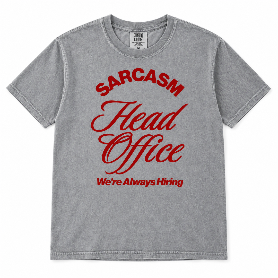 Sarcasm Head Office Grey tee lay-flat on white