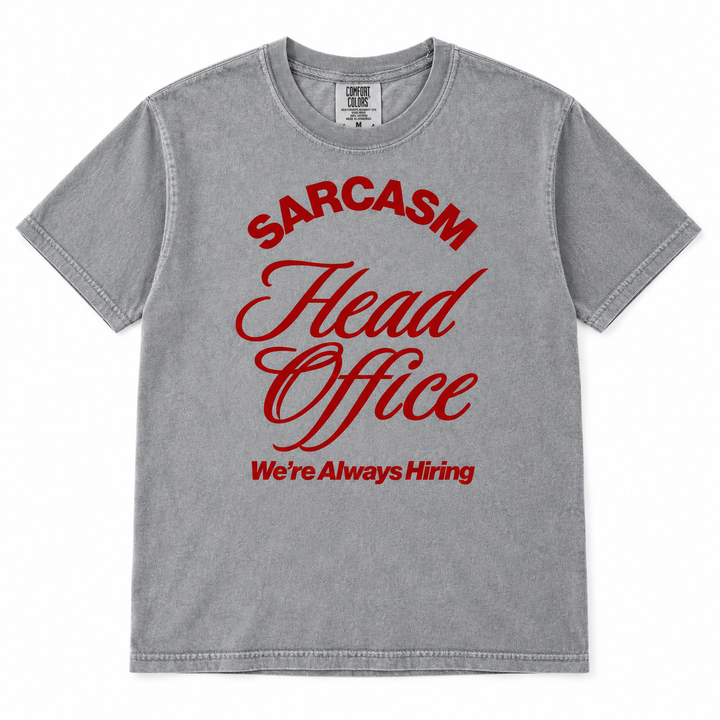 Sarcasm Head Office Grey tee lay-flat on white