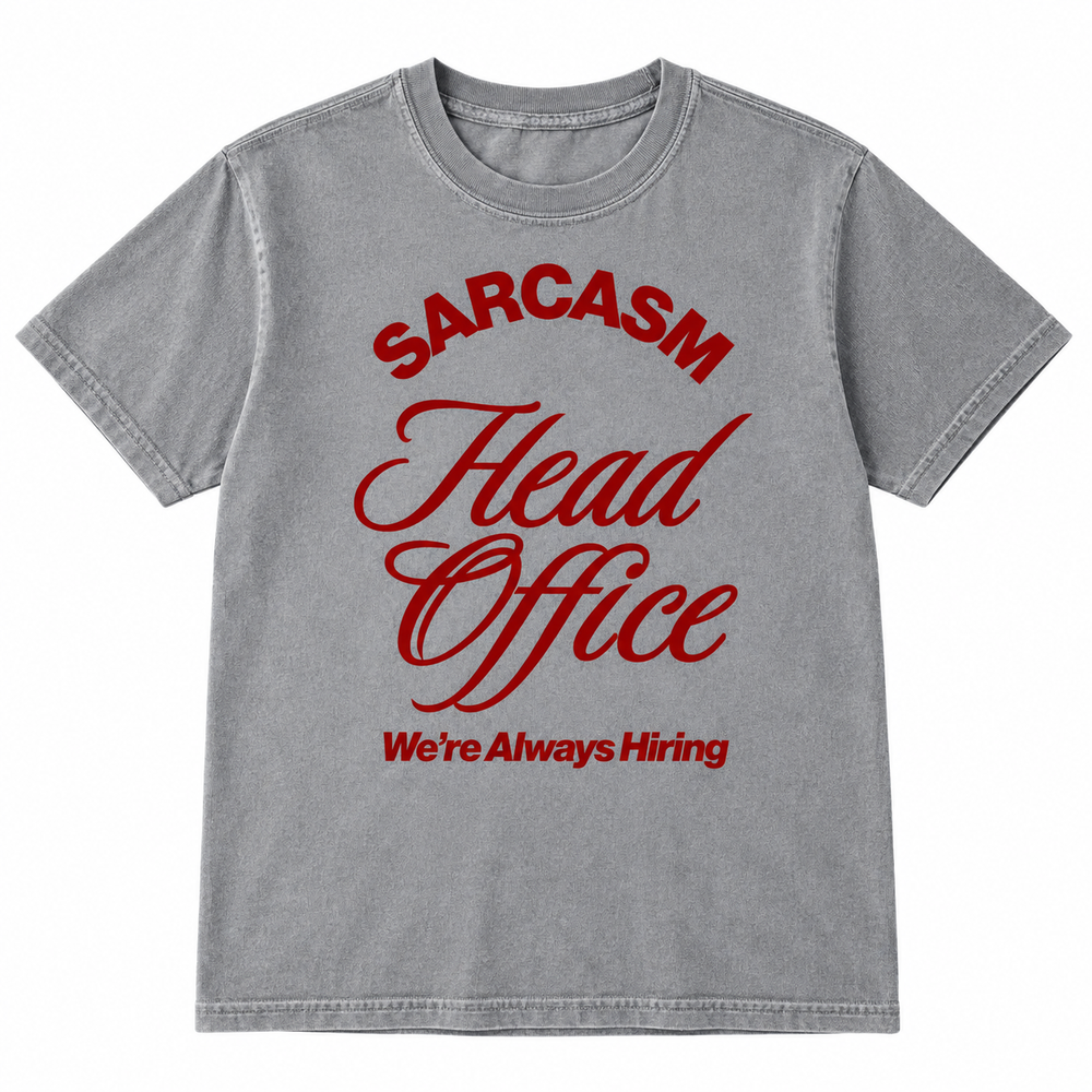 Sarcasm Head Office Grey funny graphic T-shirt flat product view