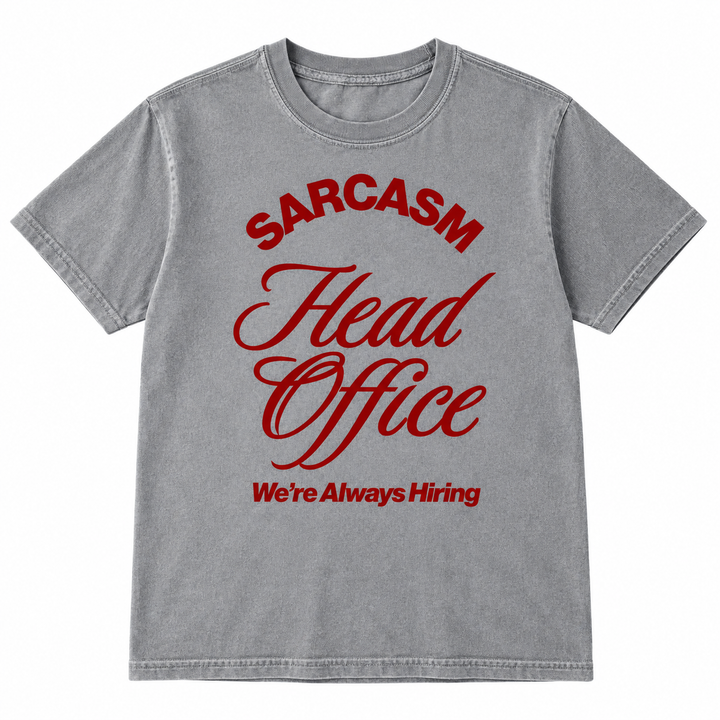 Sarcasm Head Office Grey funny graphic T-shirt flat product view