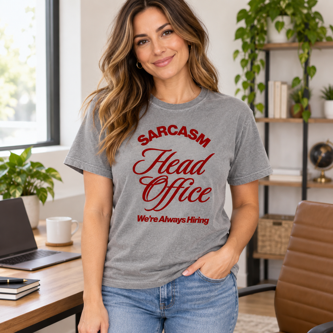 Woman wearing Sarcasm Head Office Grey funny graphic T-shirt