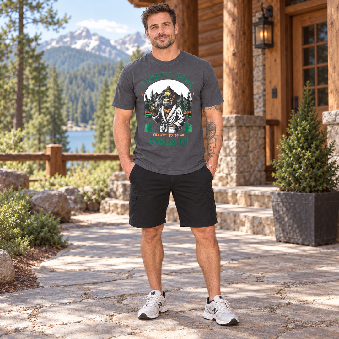 Full-length man wearing Sasquatch A$$quatch Graphite funny graphic T-shirt at a rustic mountain lodge