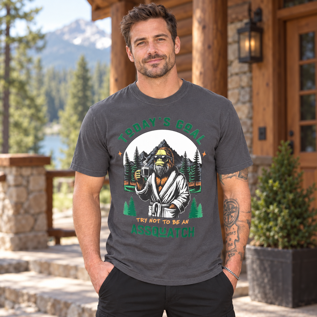 Man wearing Sasquatch A$$quatch Graphite funny graphic T-shirt in a complete-head two-thirds lifestyle view