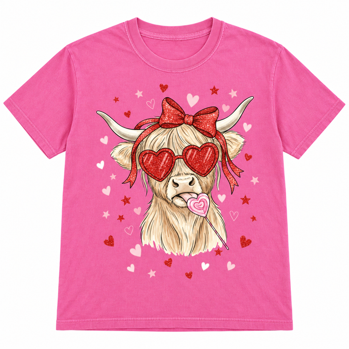 Sassy Valentine Cow Crunchberry pink graphic tee flat product view on white
