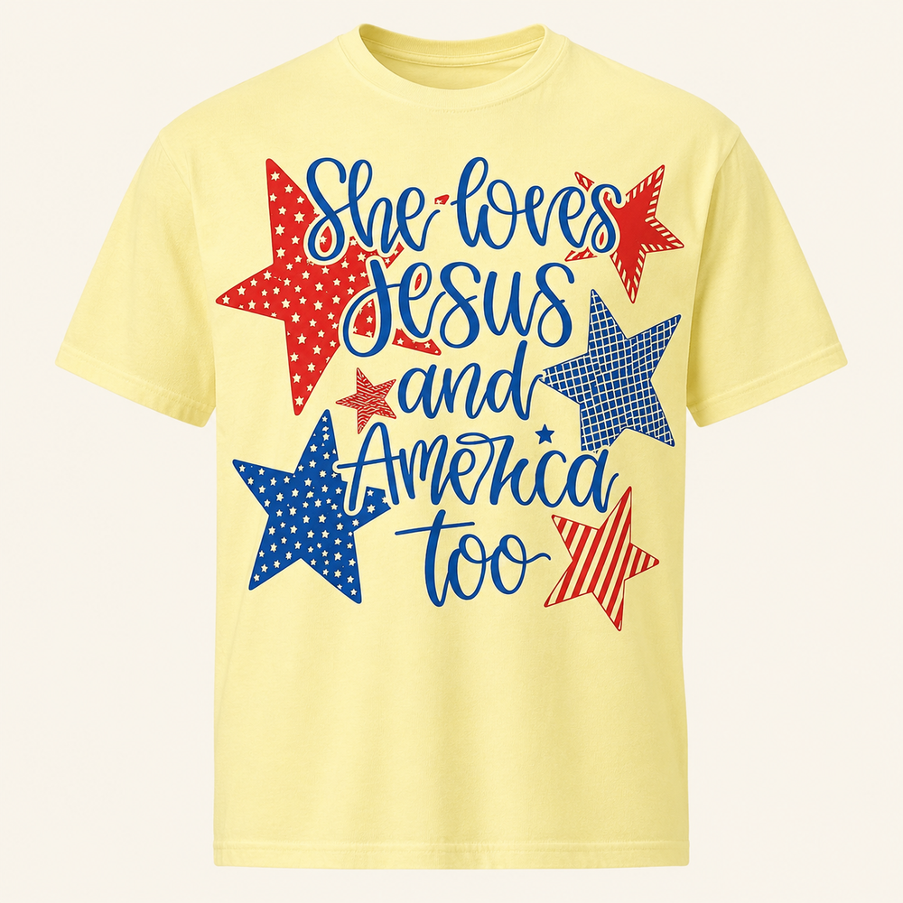 She Loves Jesus and America Too butter yellow faith graphic tee, front product view