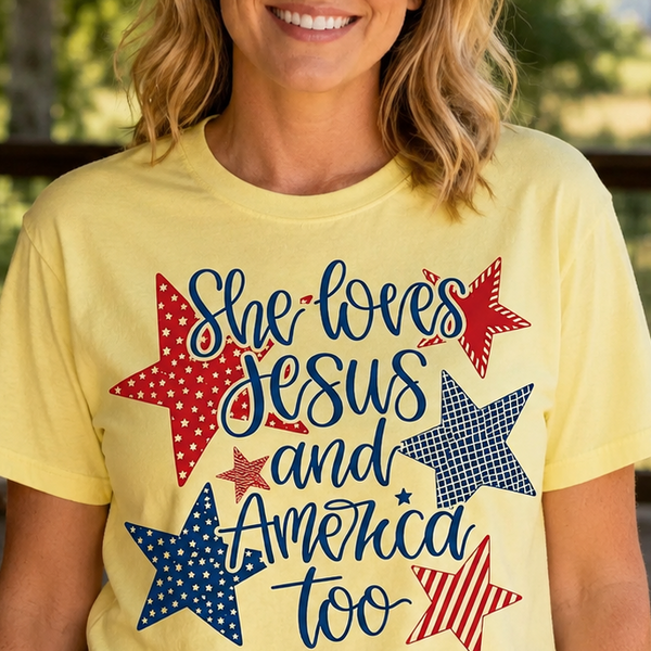 She Loves Jesus & America Too Faith Graphic Tee
