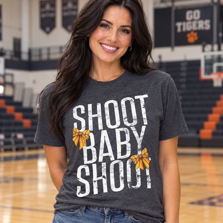 Shoot Baby Shoot graphite basketball bow tee on model