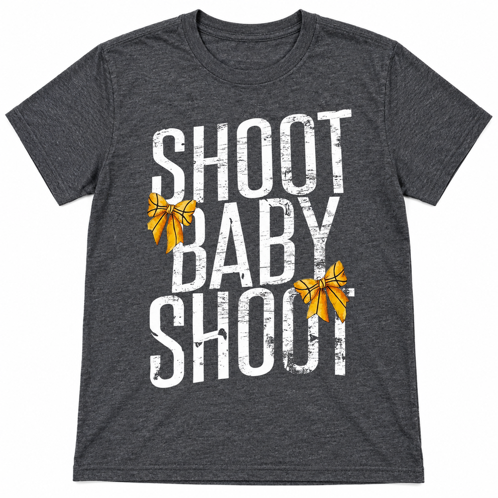Shoot Baby Shoot graphite basketball bow tee flat lay on white