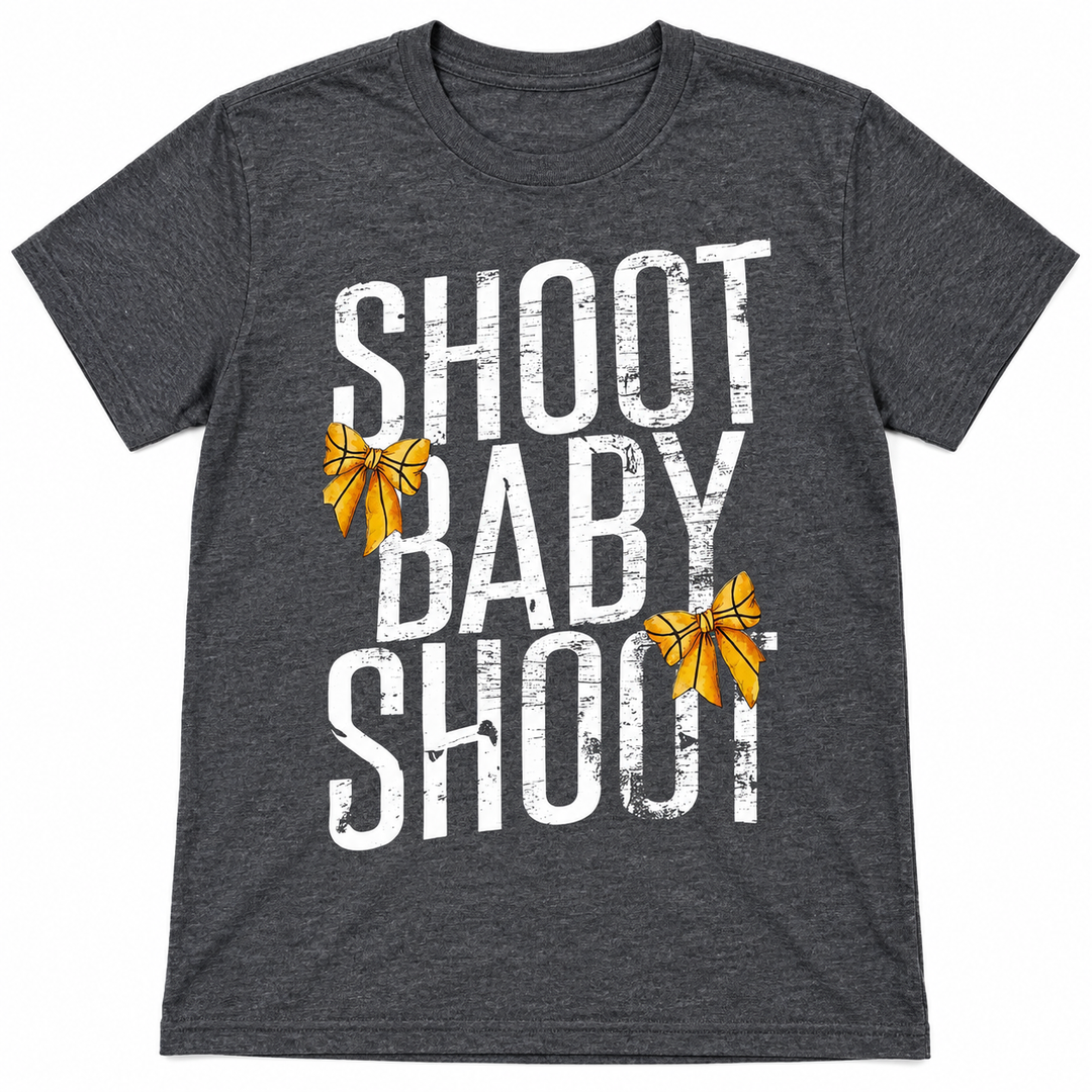 Shoot Baby Shoot graphite basketball bow tee flat lay on white
