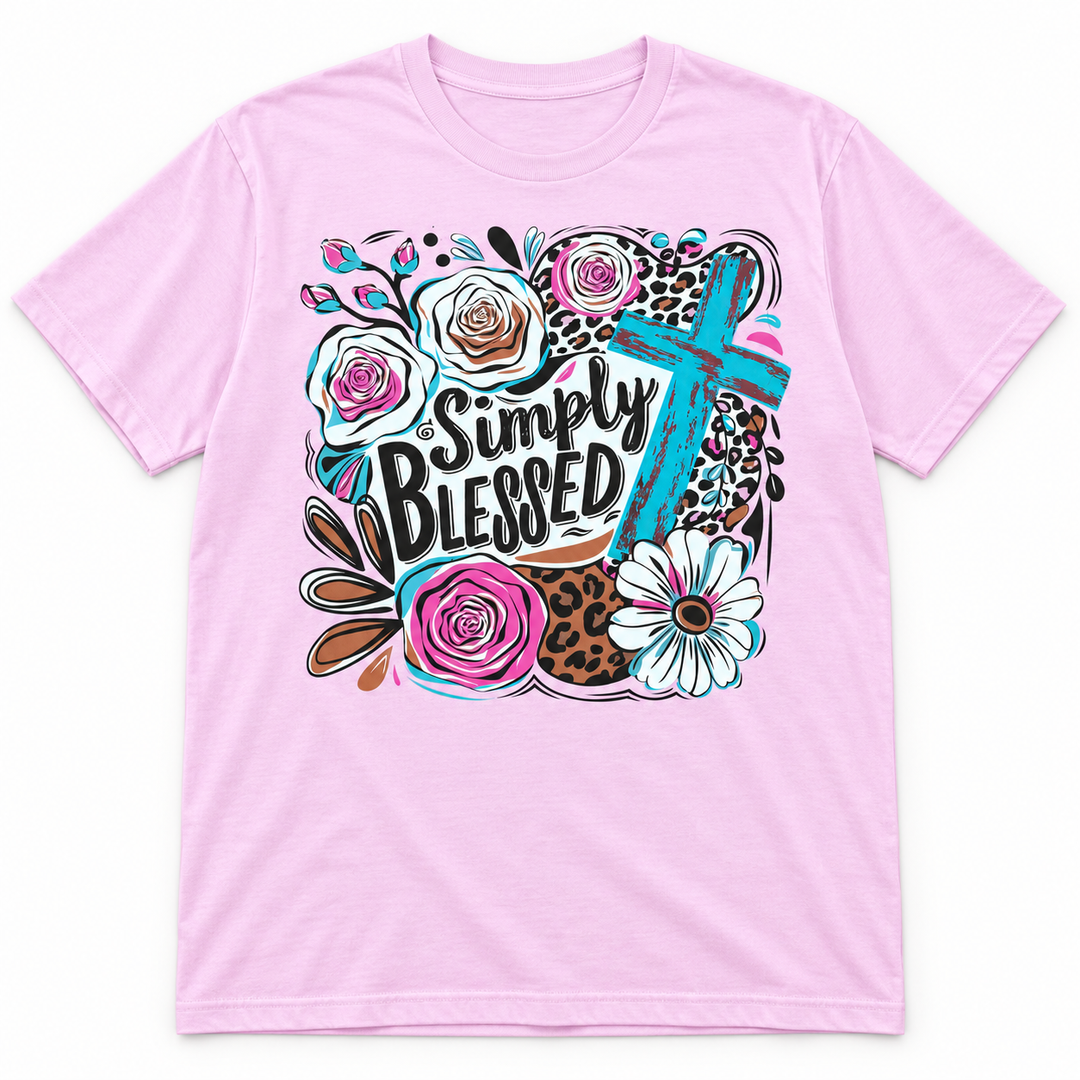 Simply Blessed floral cross Light Pink graphic T-shirt flat product view