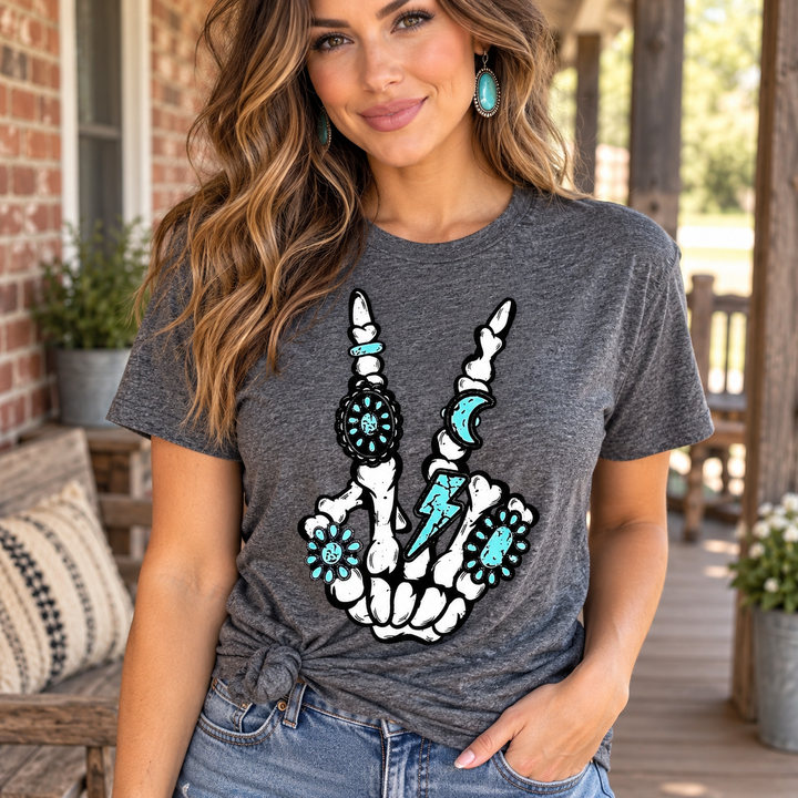 Skeleton Rings Peace Sign charcoal tee close model view on a small-town fall porch