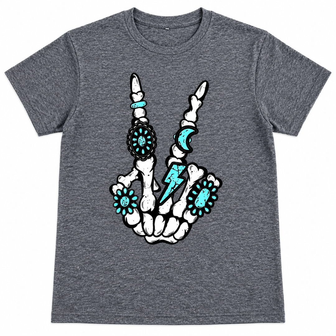 Skeleton Rings Peace Sign charcoal tee lay-flat on white
