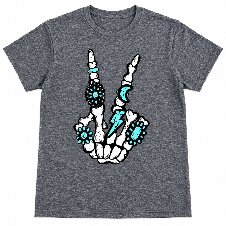 Skeleton Rings Peace Sign charcoal tee lay-flat on white
