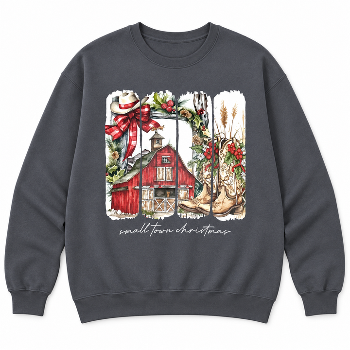 Dark grey Small Town Country Christmas graphic crewneck laid flat on pure white