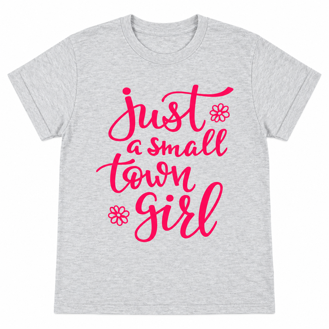 Just a Small Town Girl light gray graphic tee lay-flat on white