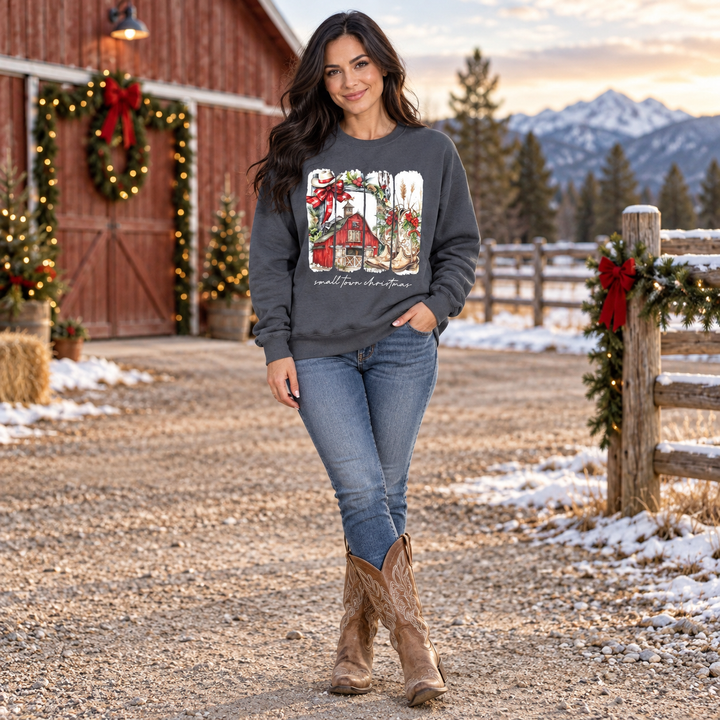Full-body brunette wearing the Small Town Country Christmas crewneck at a Western ranch