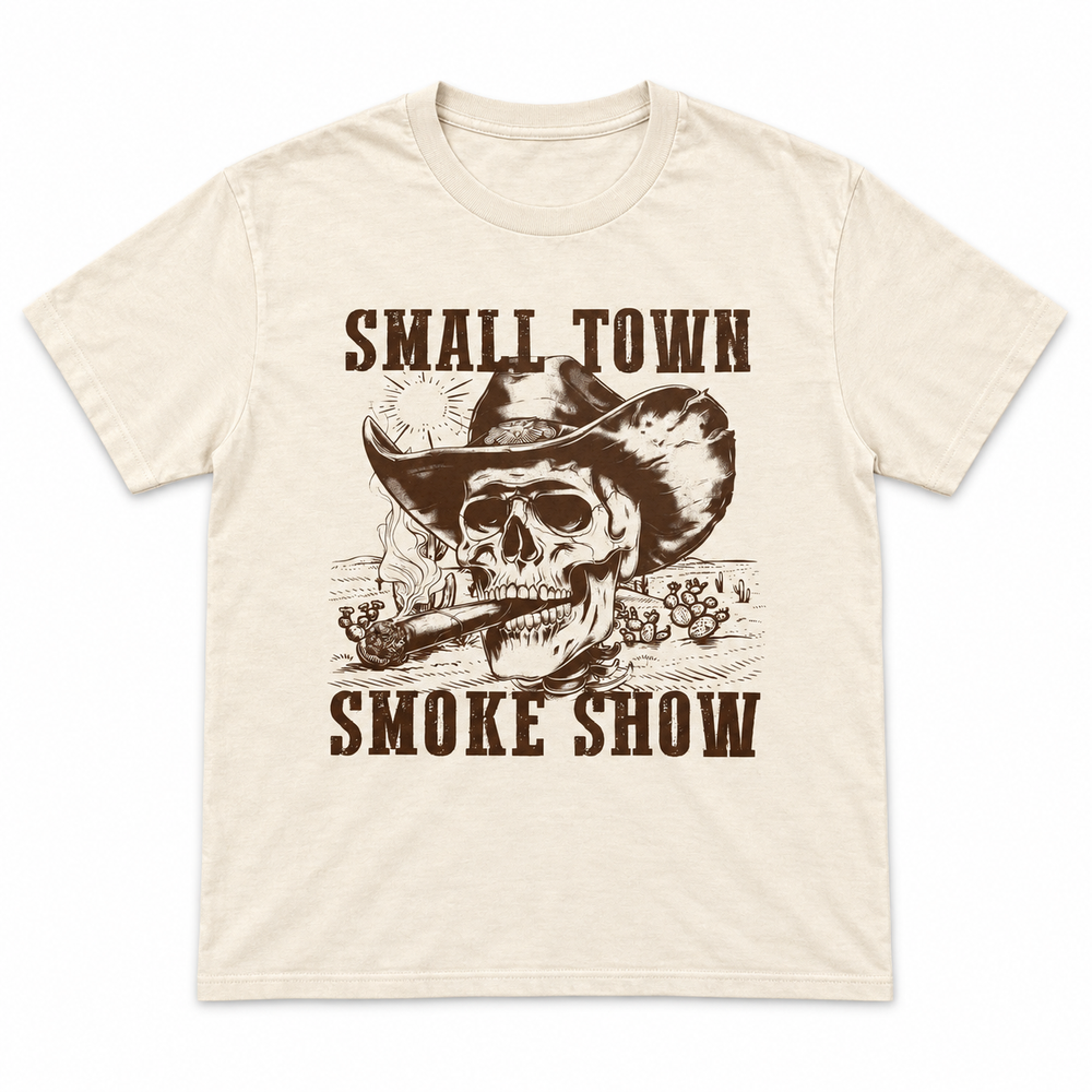 Small Town Smoke Show tan Western graphic tee flat product view on white background