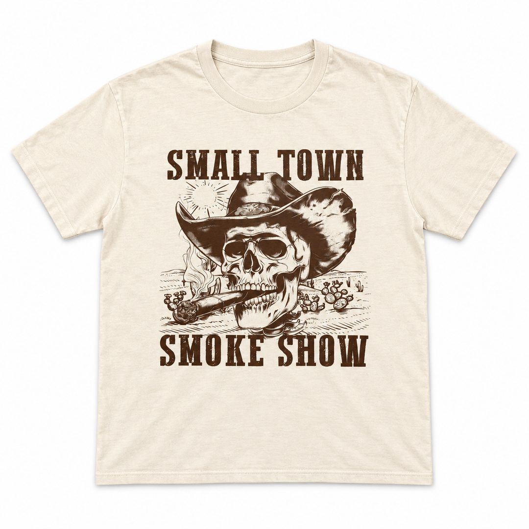 Small Town Smoke Show tan Western graphic tee flat product view on white background